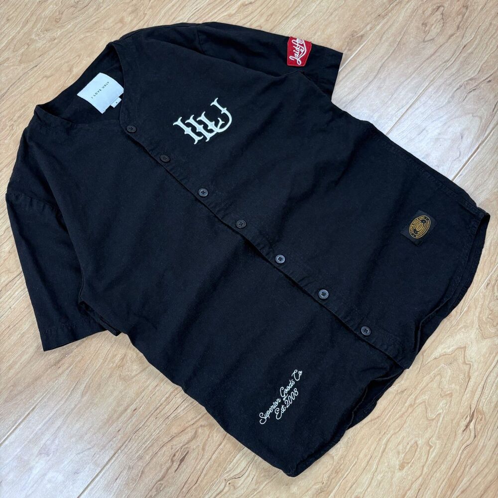 I Love Ugly Black Embroidered Short Sleeve Button Up Streetwear Shirt